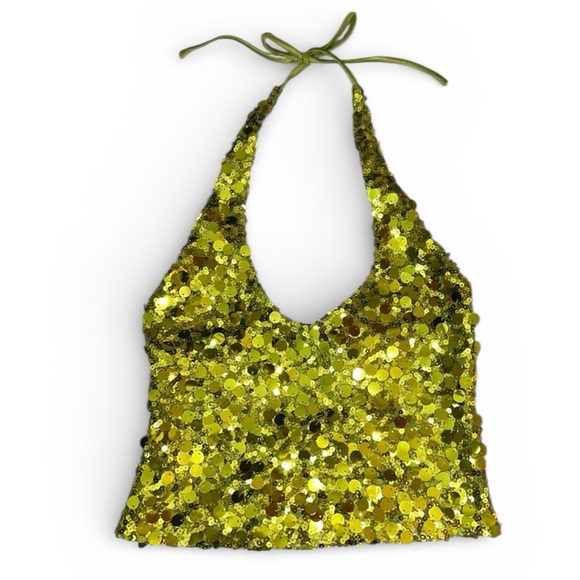 White Fox Boutique Tops - White Fox Boutique Small Just Over You Sequin Halter Top Kiwi Green, Crop Tank